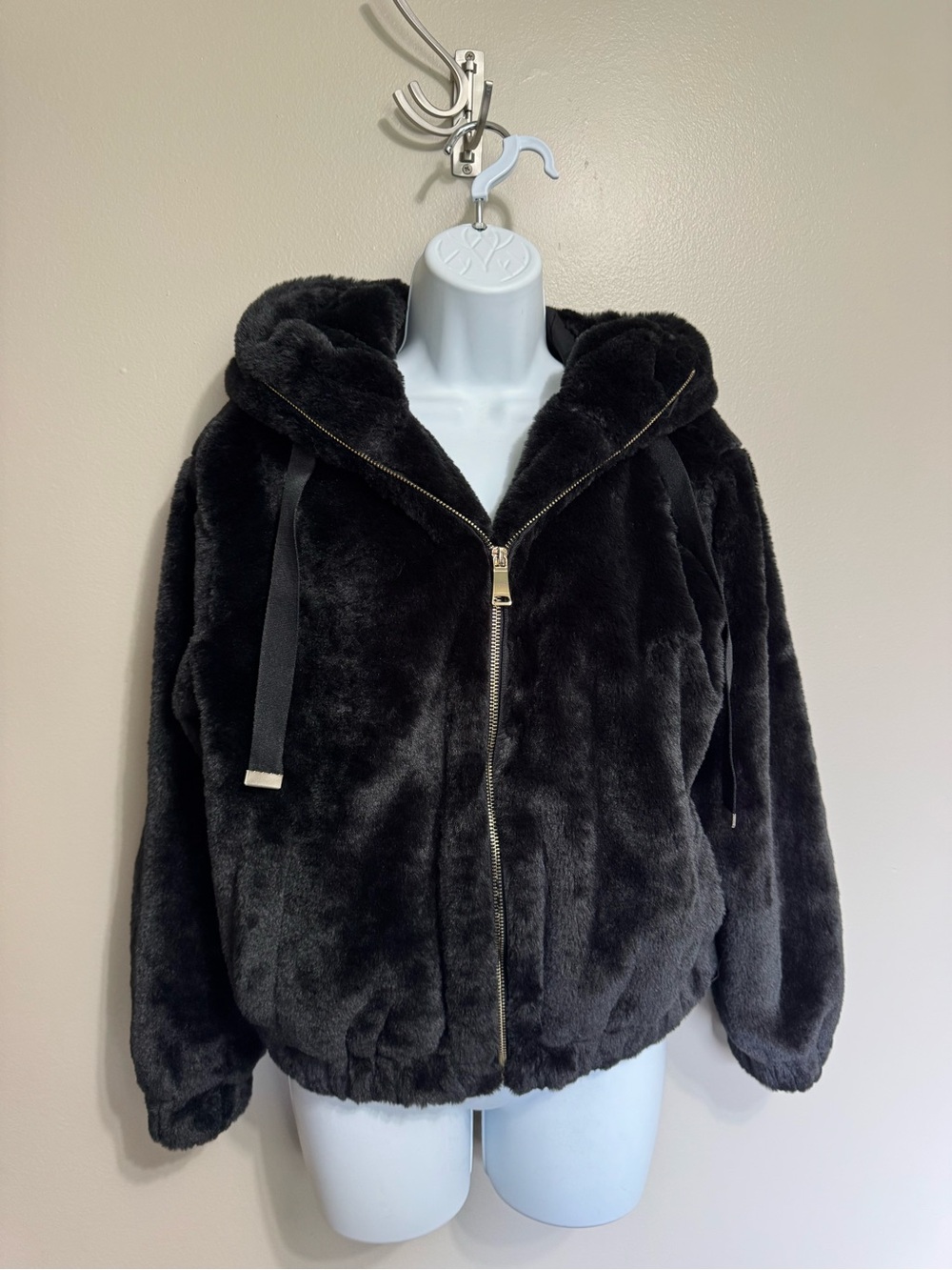 Truth by Republic Plush Black Faux Fur Hooded Jacket with Gold-Zip Detail